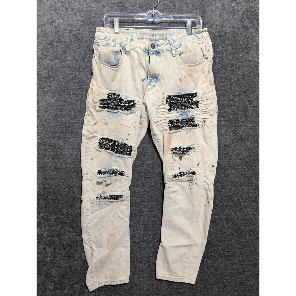 Rue21 Premium Mens Distressed Bandana Patch Moto Jeans Light Wash Paint Splatter